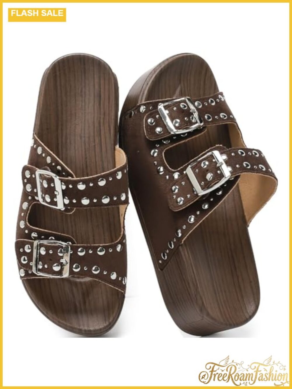 Platform Sandals with Double Buckle Adjustable Straps Genuine Leather